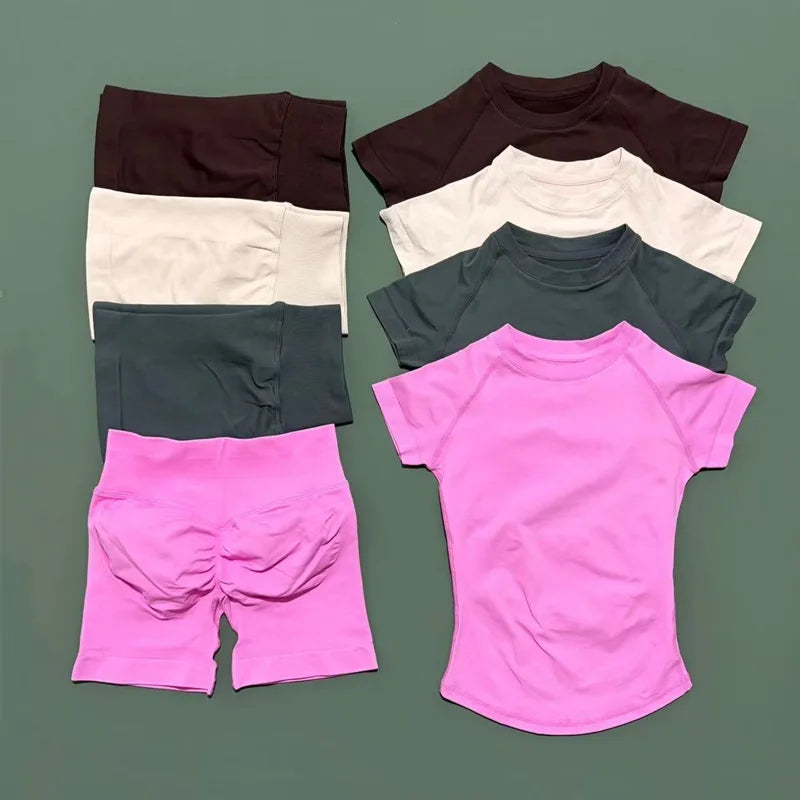 2 Pcs Sports Gym Sets Short Sleeve Seamless Yoga Clothing Fitness Set Women Workout Running Sports Short Leggings Suit
