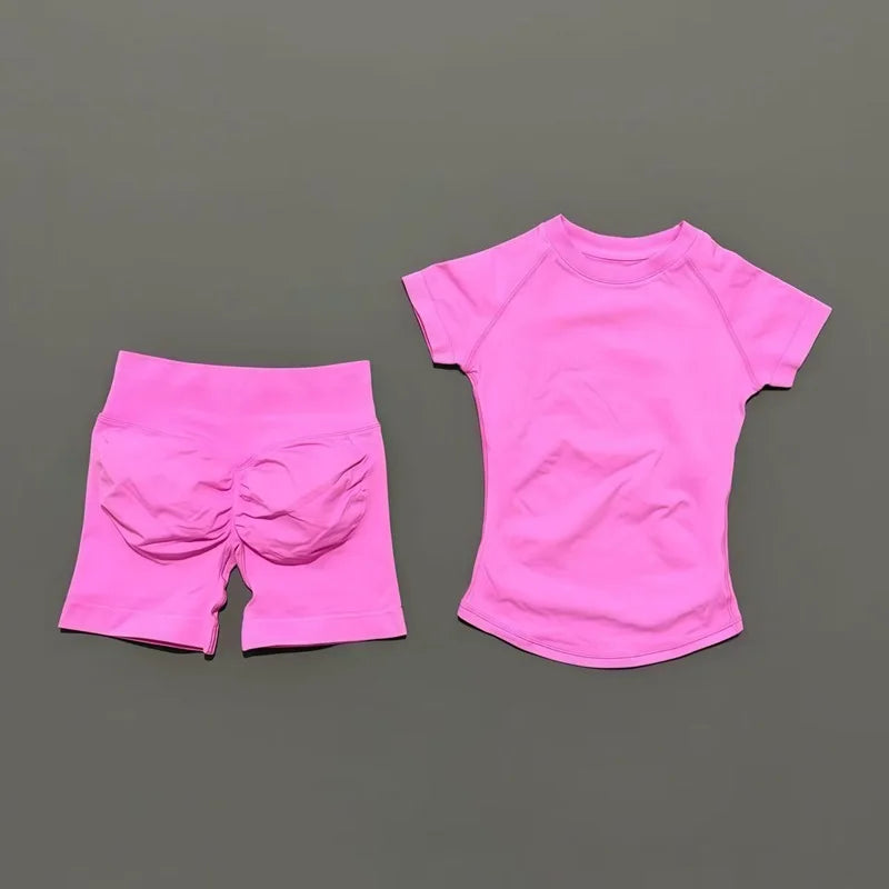 2 Pcs Sports Gym Sets Short Sleeve Seamless Yoga Clothing Fitness Set Women Workout Running Sports Short Leggings Suit