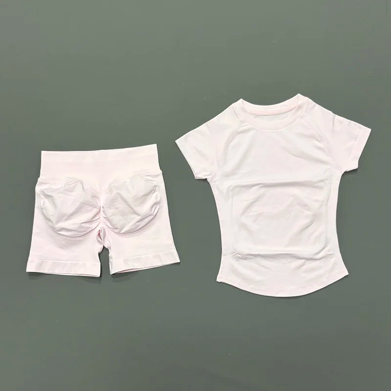 2 Pcs Sports Gym Sets Short Sleeve Seamless Yoga Clothing Fitness Set Women Workout Running Sports Short Leggings Suit