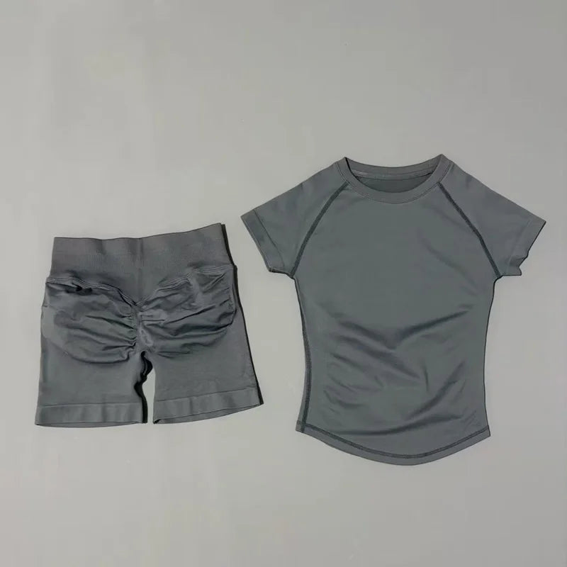 2 Pcs Sports Gym Sets Short Sleeve Seamless Yoga Clothing Fitness Set Women Workout Running Sports Short Leggings Suit