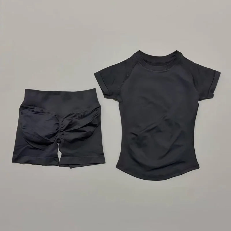 2 Pcs Sports Gym Sets Short Sleeve Seamless Yoga Clothing Fitness Set Women Workout Running Sports Short Leggings Suit