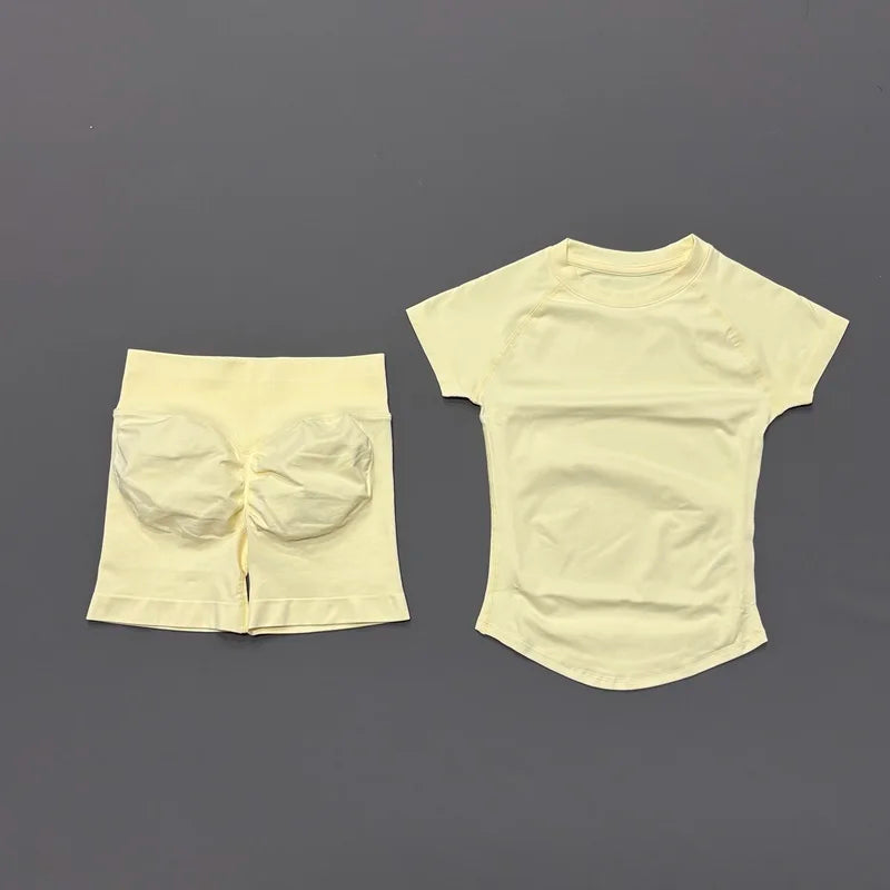 2 Pcs Sports Gym Sets Short Sleeve Seamless Yoga Clothing Fitness Set Women Workout Running Sports Short Leggings Suit