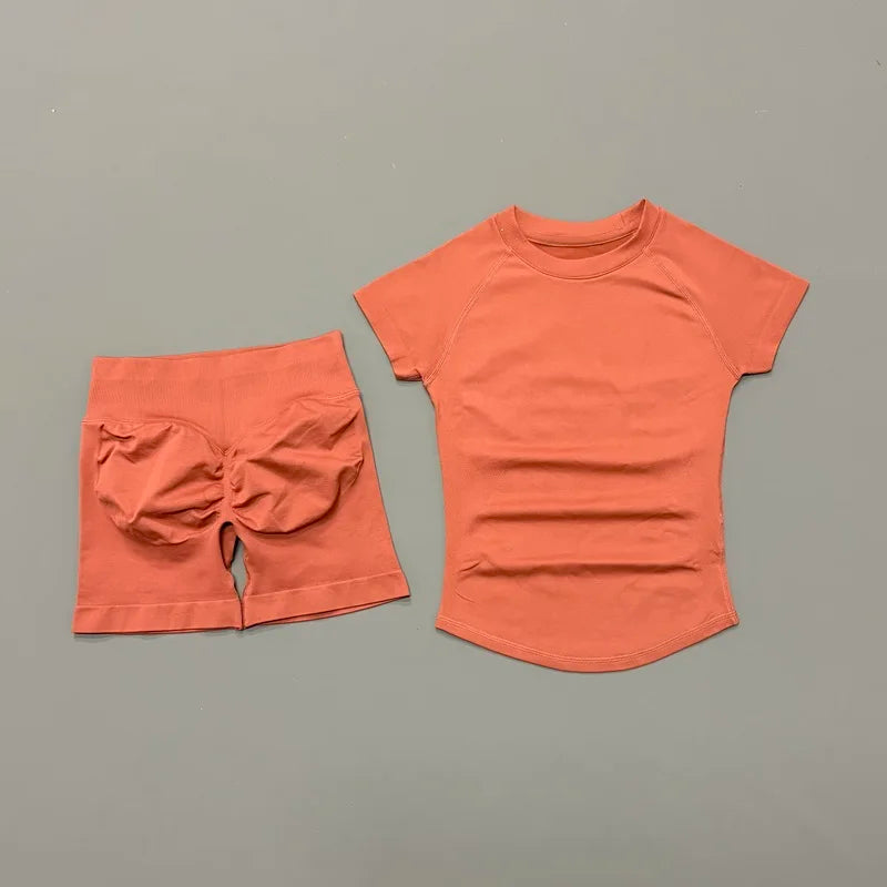 2 Pcs Sports Gym Sets Short Sleeve Seamless Yoga Clothing Fitness Set Women Workout Running Sports Short Leggings Suit