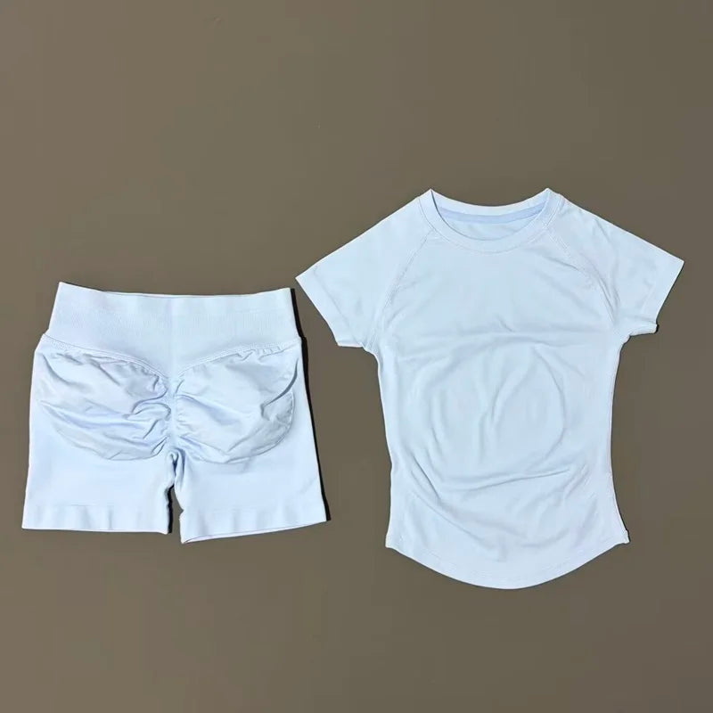 2 Pcs Sports Gym Sets Short Sleeve Seamless Yoga Clothing Fitness Set Women Workout Running Sports Short Leggings Suit