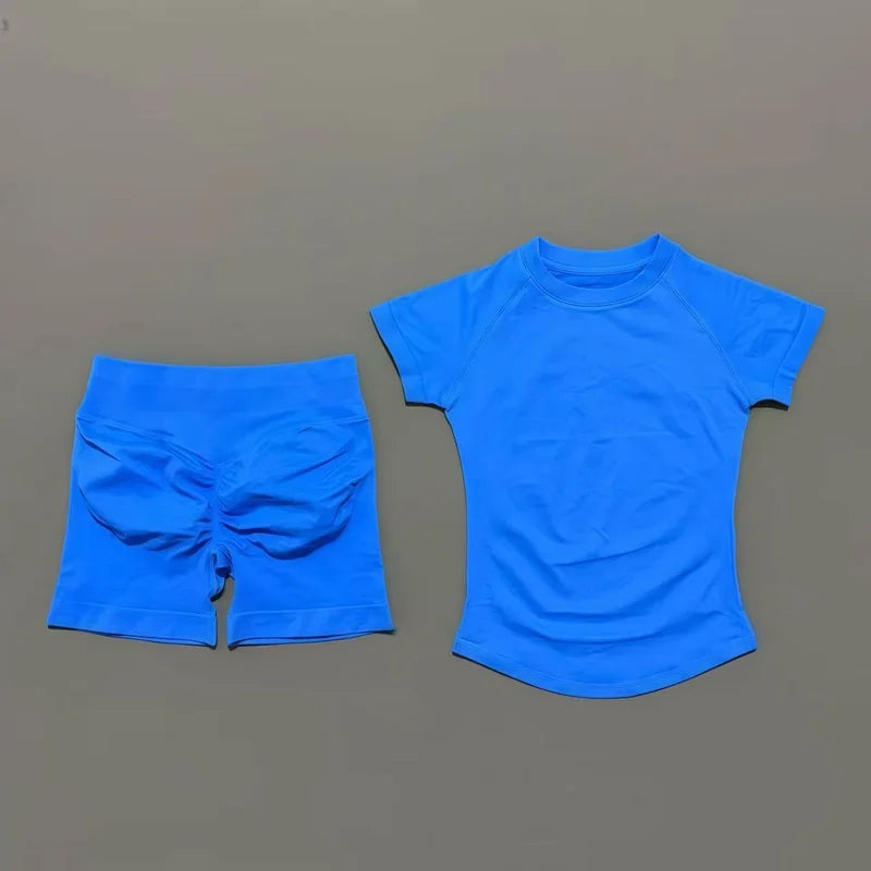 2 Pcs Sports Gym Sets Short Sleeve Seamless Yoga Clothing Fitness Set Women Workout Running Sports Short Leggings Suit