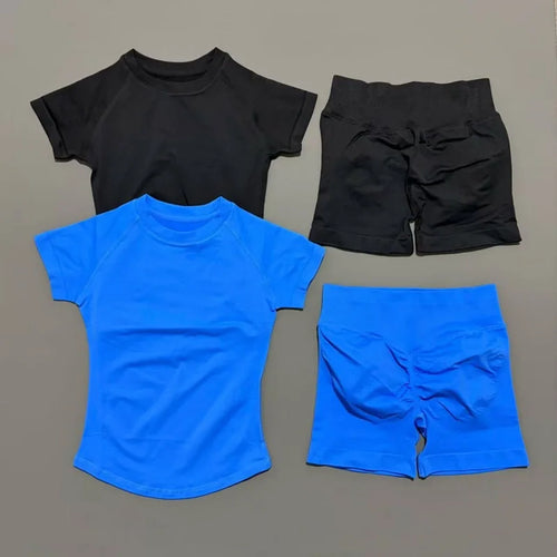 2 Pcs Sports Gym Sets Short Sleeve Seamless Yoga Clothing Fitness Set Women Workout Running Sports Short Leggings Suit