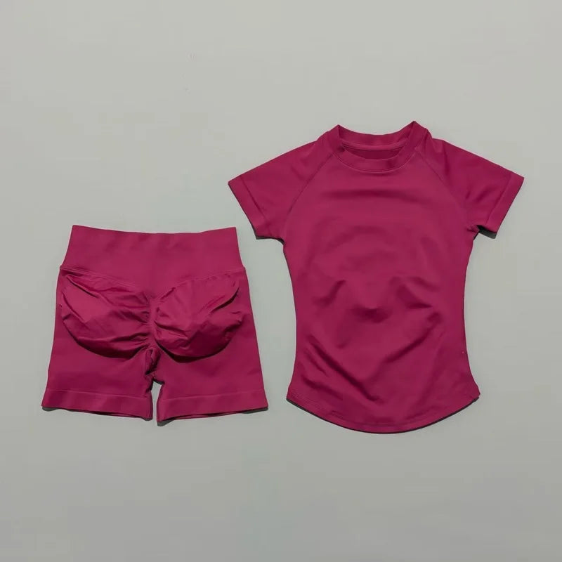 2 Pcs Sports Gym Sets Short Sleeve Seamless Yoga Clothing Fitness Set Women Workout Running Sports Short Leggings Suit