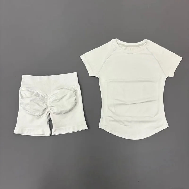 2 Pcs Sports Gym Sets Short Sleeve Seamless Yoga Clothing Fitness Set Women Workout Running Sports Short Leggings Suit
